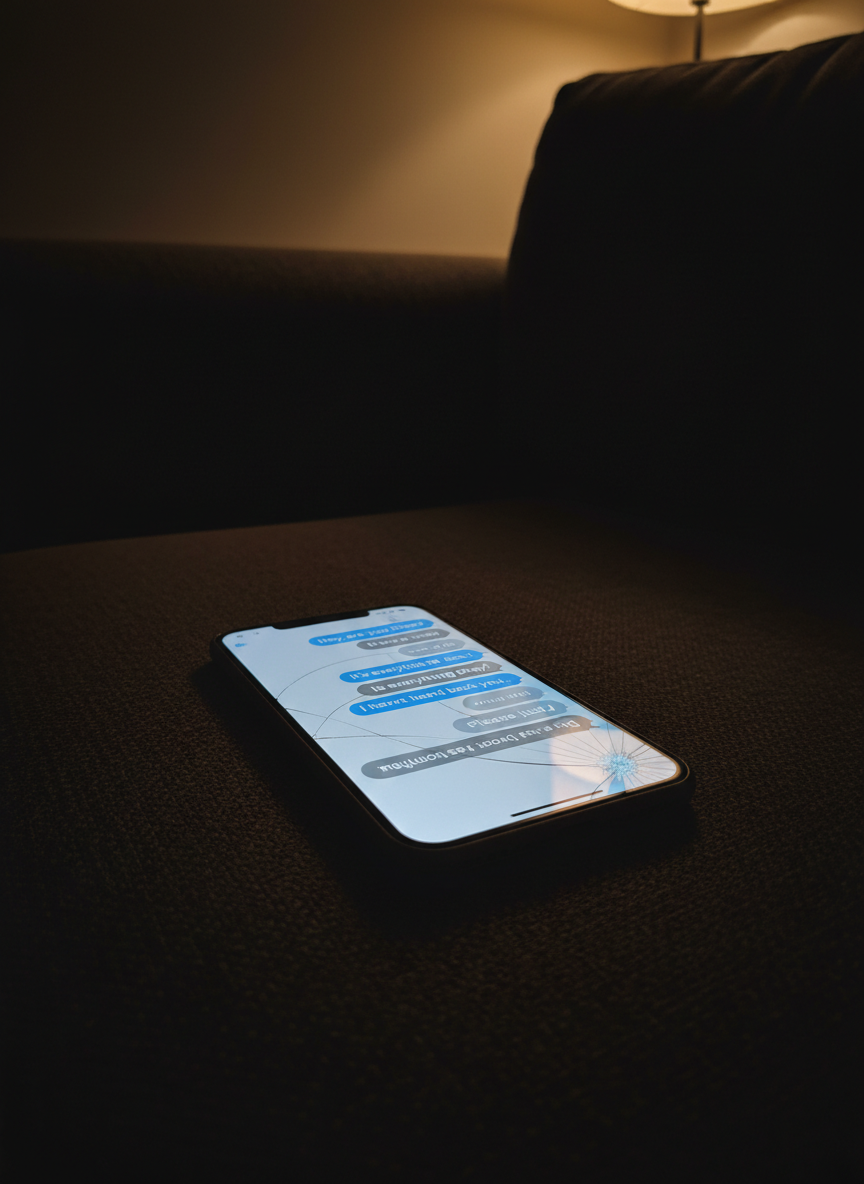 A cracked smartphone lies face up on a dark, textured fabric sofa, screen illuminated with a long thread of unanswered text messages in soft blue and gray bubbles. The device’s tempered glass protector is spiderwebbed at one corner, catching the dim, warm lamplight from the side and throwing tiny reflections. The room around it is mostly in shadow, with just the edge of a cushion and the arm of the sofa visible, suggesting isolation. Photographic realism, shot at close range with a shallow depth of field and a low, side-on angle, creates an intimate, tense mood. The composition centers the glowing screen as the only bright element in the frame, underscoring themes of control, silence, and emotional distance in a modern dating context.