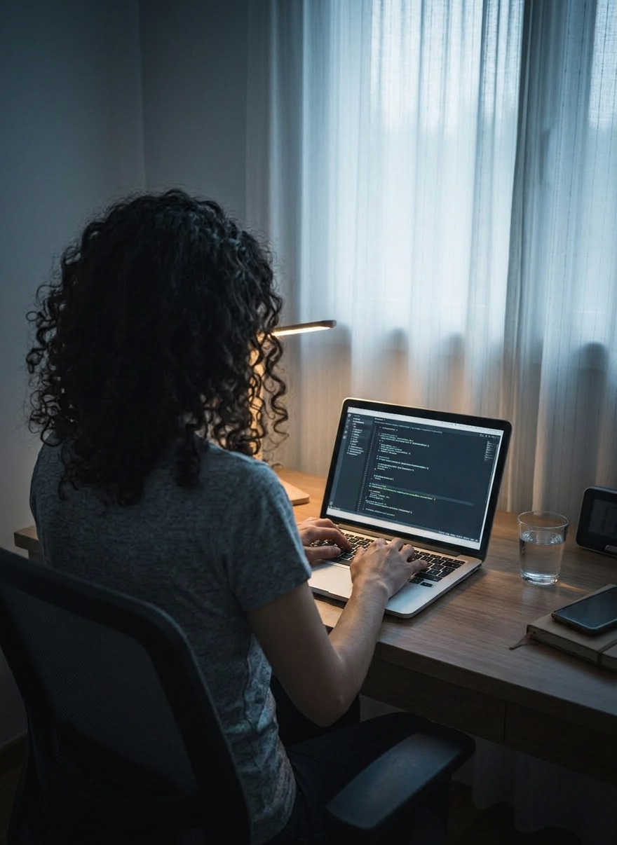 Late night coding in bedroom Woman sitting in bed typing on a laptop with code on screen